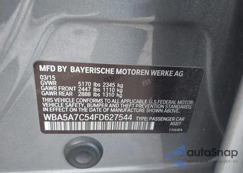 2015 BMW 528I xDrive из США, поврежденный, VIN WBA5A7C54FD627544